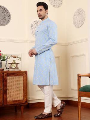 Blue cotton embroidered kurta pajama for mens 4