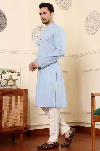 Blue cotton embroidered kurta pajama for mens
