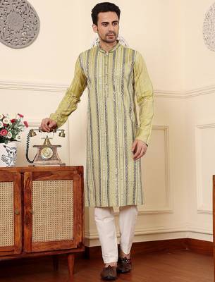 Green viscose embroidered kurta pajama for mens 1