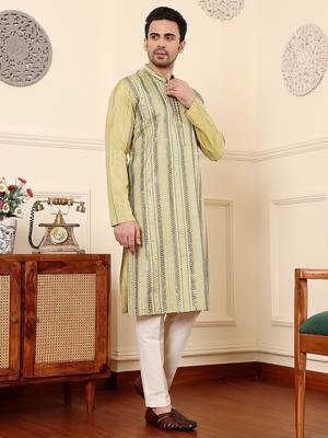 Green viscose embroidered kurta pajama for mens 2