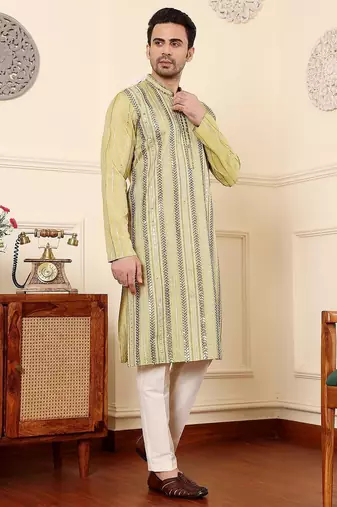 Green viscose embroidered kurta pajama for mens