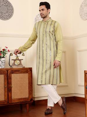 Green viscose embroidered kurta pajama for mens 3