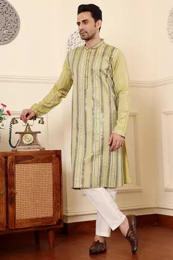 Green viscose embroidered kurta pajama for mens