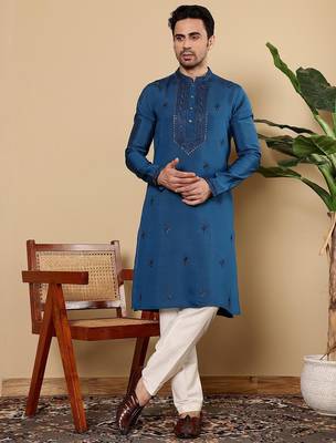 Blue viscose embroidered kurta pajama for mens 1
