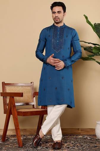 Blue viscose embroidered kurta pajama for mens