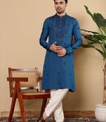 Blue viscose embroidered kurta pajama for mens