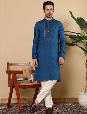 Blue viscose embroidered kurta pajama for mens 2
