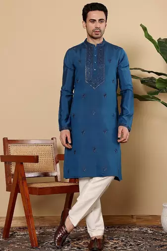 Blue viscose embroidered kurta pajama for mens