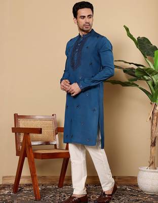 Blue viscose embroidered kurta pajama for mens 3