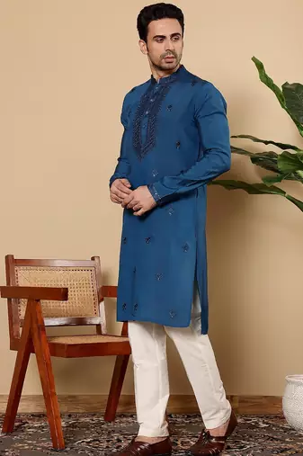 Blue viscose embroidered kurta pajama for mens