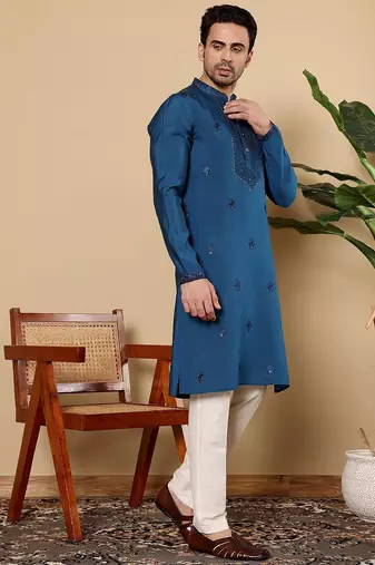 Blue viscose embroidered kurta pajama for mens