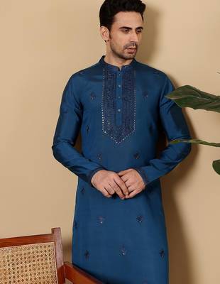 Blue viscose embroidered kurta pajama for mens 5