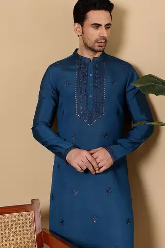 Blue viscose embroidered kurta pajama for mens