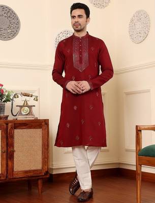 Red viscose embroidered kurta pajama for mens 1