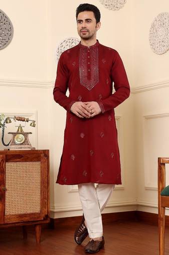 Red viscose embroidered kurta pajama for mens