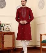 Red viscose embroidered kurta pajama for mens