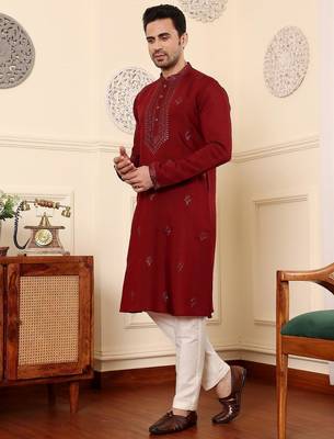 Red viscose embroidered kurta pajama for mens 2
