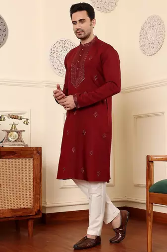 Red viscose embroidered kurta pajama for mens