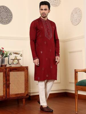 Red viscose embroidered kurta pajama for mens 3