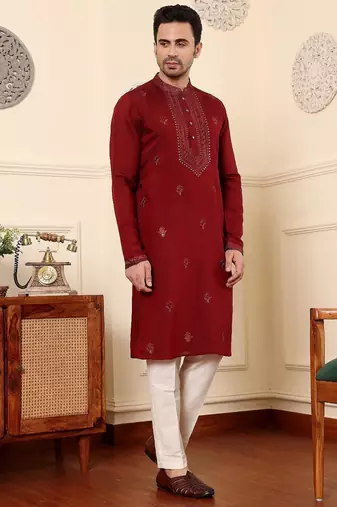 Red viscose embroidered kurta pajama for mens