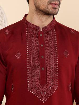 Red viscose embroidered kurta pajama for mens 4