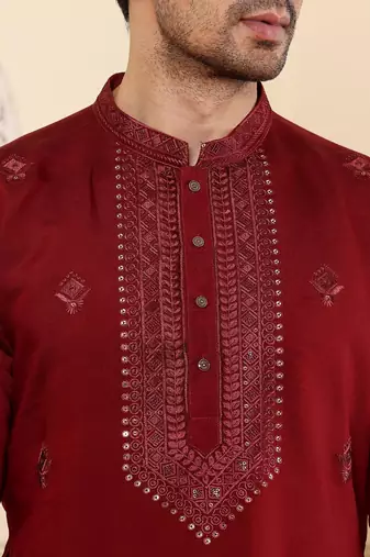 Red viscose embroidered kurta pajama for mens
