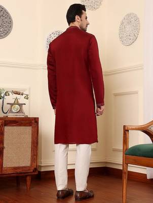 Red viscose embroidered kurta pajama for mens 5