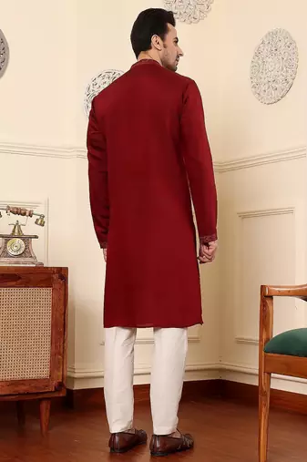 Red viscose embroidered kurta pajama for mens