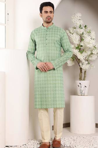 Green cotton embroidered kurta pajama for mens