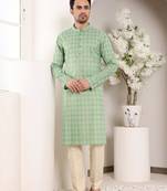 Green cotton embroidered kurta pajama for mens