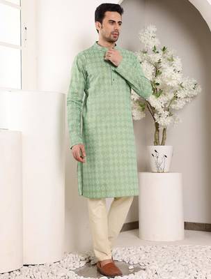 Green cotton embroidered kurta pajama for mens 2