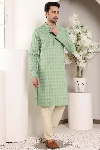 Green cotton embroidered kurta pajama for mens