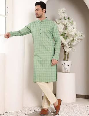 Green cotton embroidered kurta pajama for mens 3