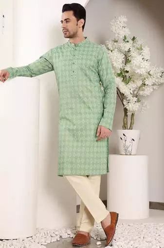 Green cotton embroidered kurta pajama for mens