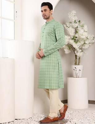 Green cotton embroidered kurta pajama for mens 4