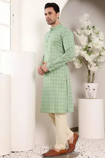 Green cotton embroidered kurta pajama for mens
