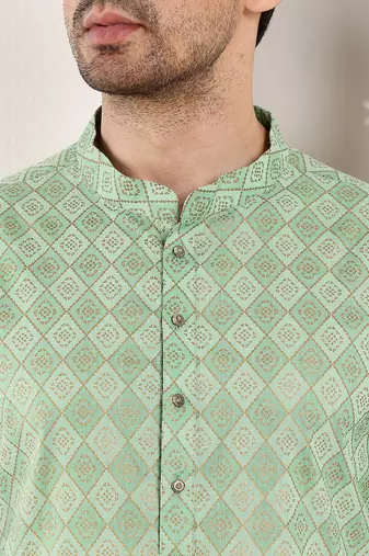Green cotton embroidered kurta pajama for mens