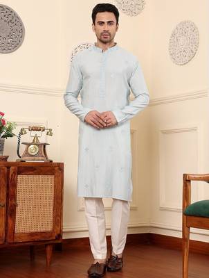 Blue viscose embroidered kurta pajama for mens 1