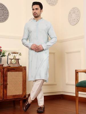 Blue viscose embroidered kurta pajama for mens 2