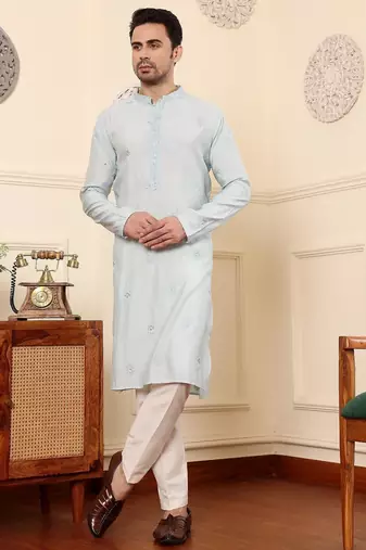 Blue viscose embroidered kurta pajama for mens