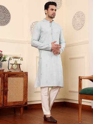 Blue viscose embroidered kurta pajama for mens 3