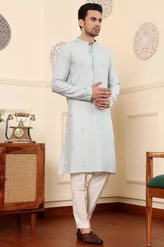 Blue viscose embroidered kurta pajama for mens