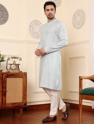 Blue viscose embroidered kurta pajama for mens 4