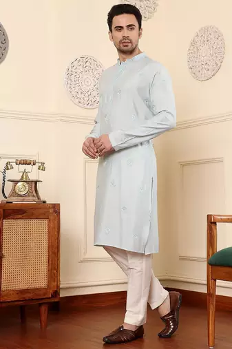Blue viscose embroidered kurta pajama for mens