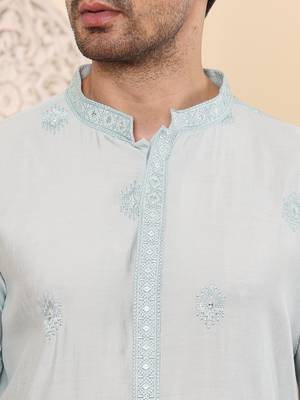Blue viscose embroidered kurta pajama for mens 5