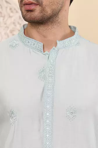 Blue viscose embroidered kurta pajama for mens