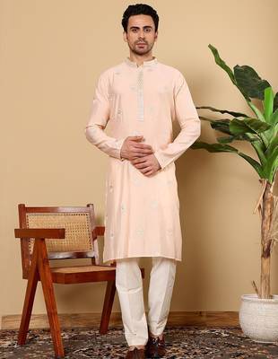 Beige viscose embroidered kurta pajama for mens 1