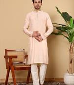 Beige viscose embroidered kurta pajama for mens
