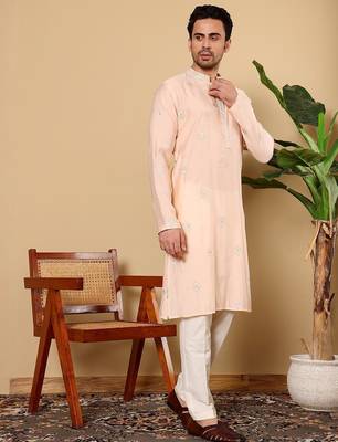 Beige viscose embroidered kurta pajama for mens 2