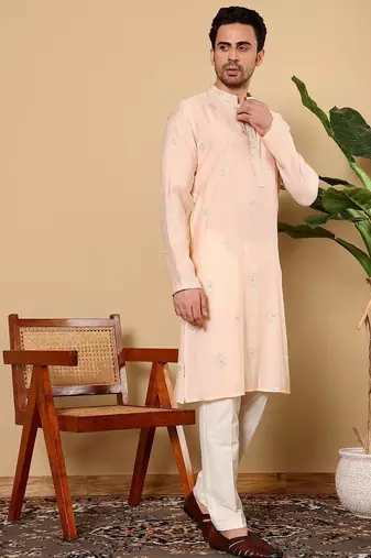 Beige viscose embroidered kurta pajama for mens